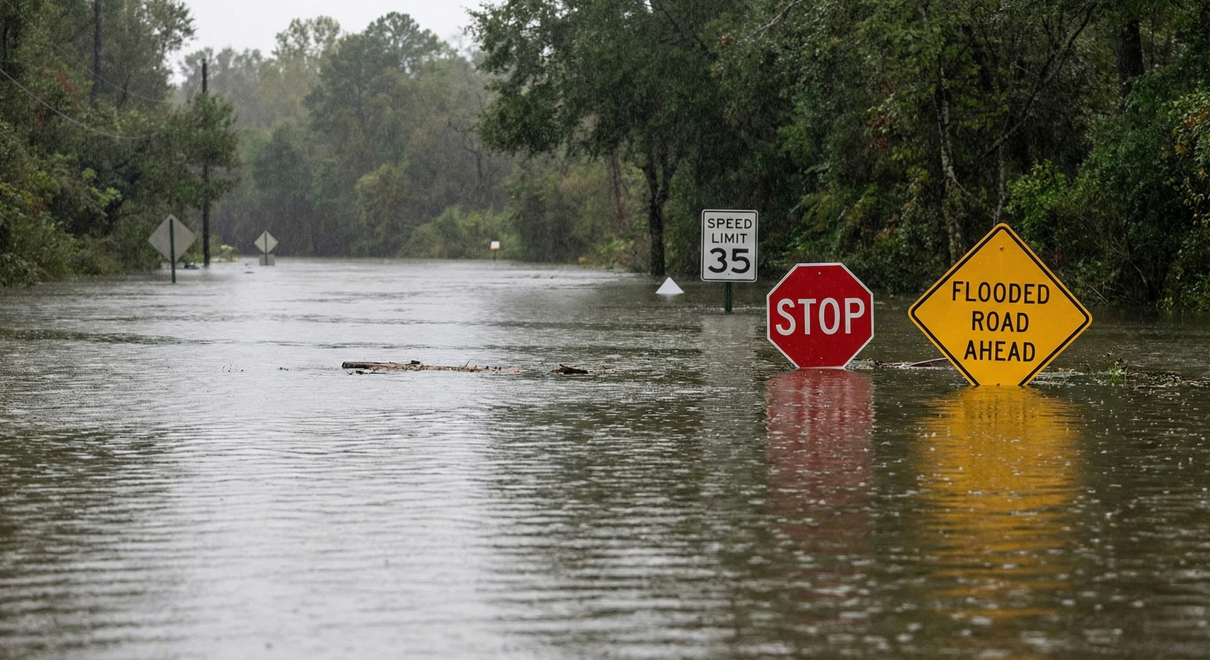 A stop sign stands in a street that is flooded