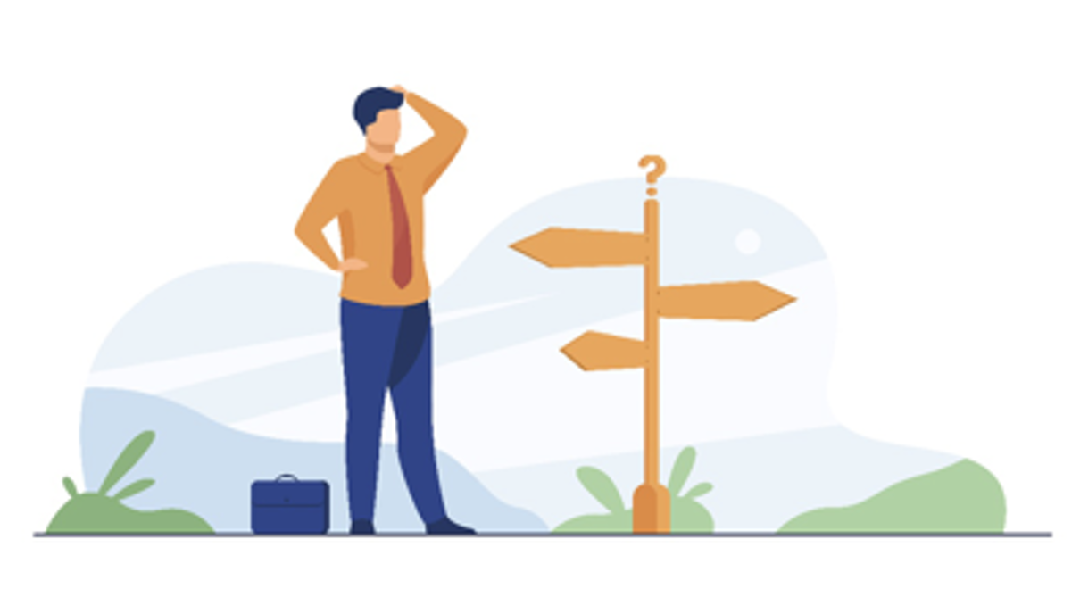 a cartoon image of a man looking at some signs