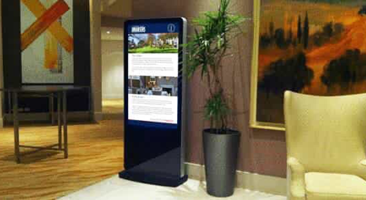 a digital sign in a hotel lobby