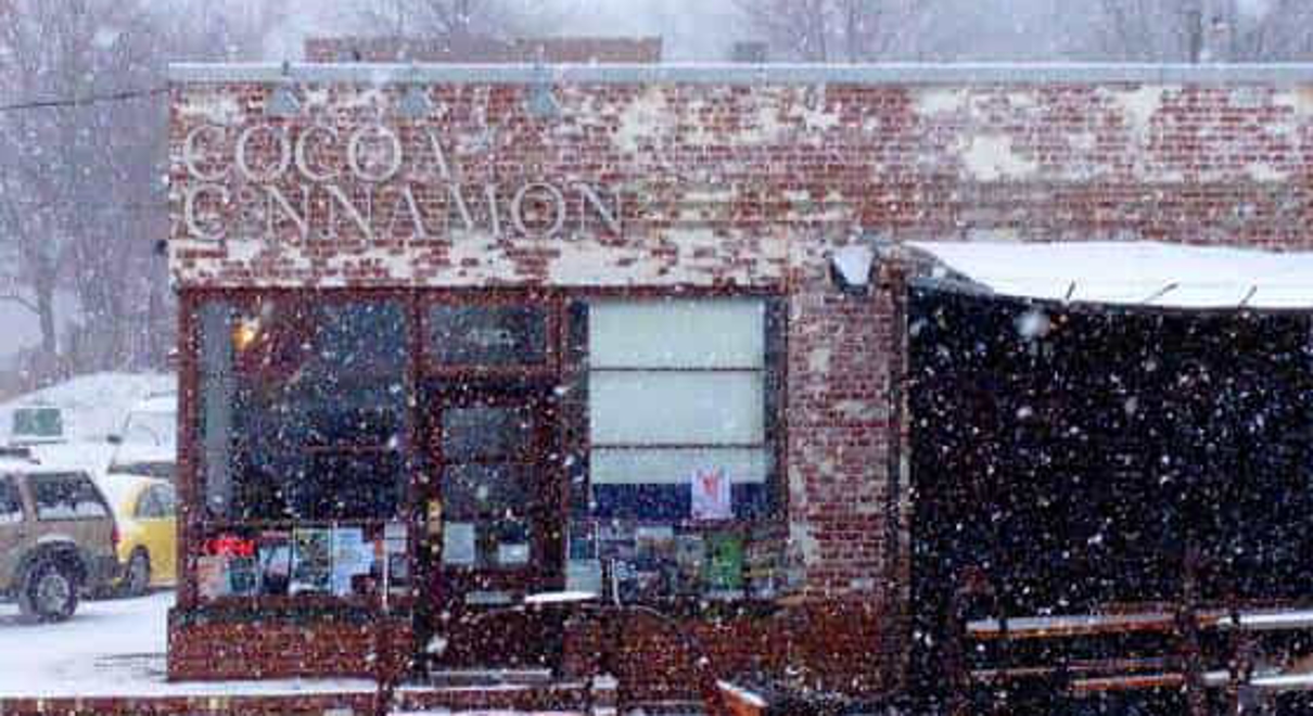 a storefront during a snow storm