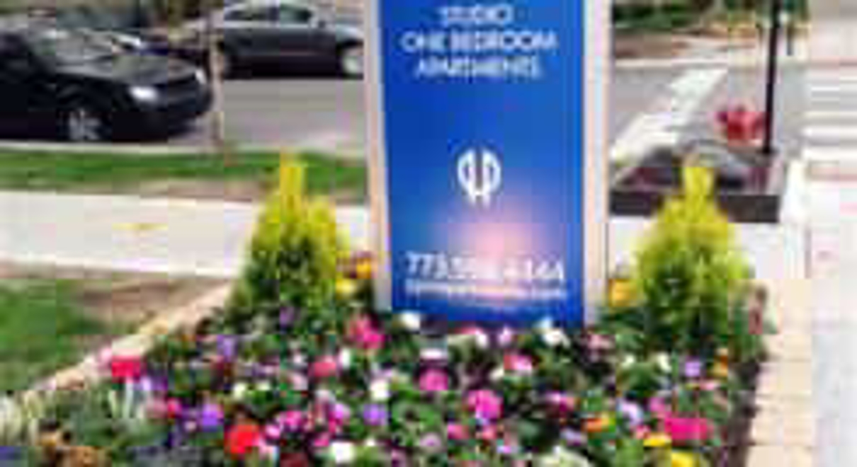 a clean monument sign standing in a field of flowers