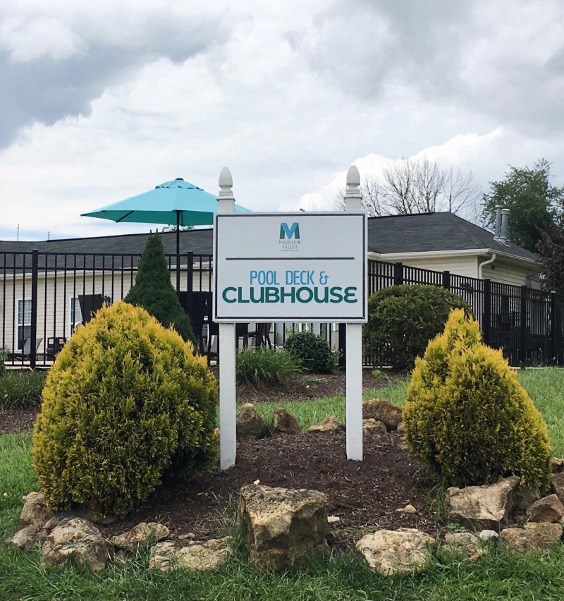 Mountain Valley Apartments Pool Deck and clubhouse Signage