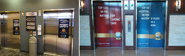 Elevators are identified with signage and full wraps
