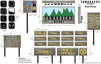 A graphic showing examples of branded wayfinding signage for a resort