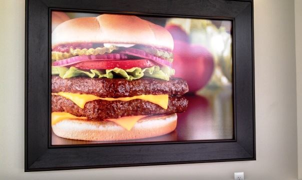 A framed picture of a cheeseburger