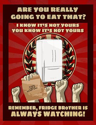 A propaganda poster reminding office workers not to eat food that doesn't belong to them