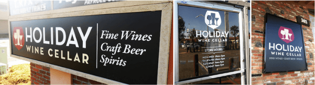 A collection of outdoor signs and imaged glass for Holiday Wine Cellar