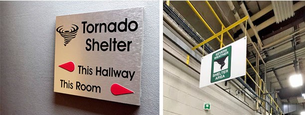 Tornado shelters are clearly designated from a sign on the wall and one hanging from the ceiling