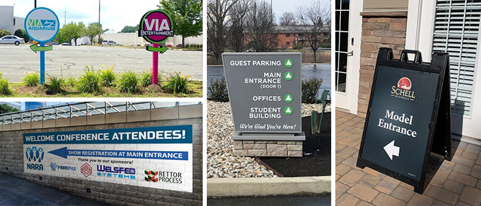 Graphics and signs are placed in various outdoor areas to guide guests to the entrance for various events