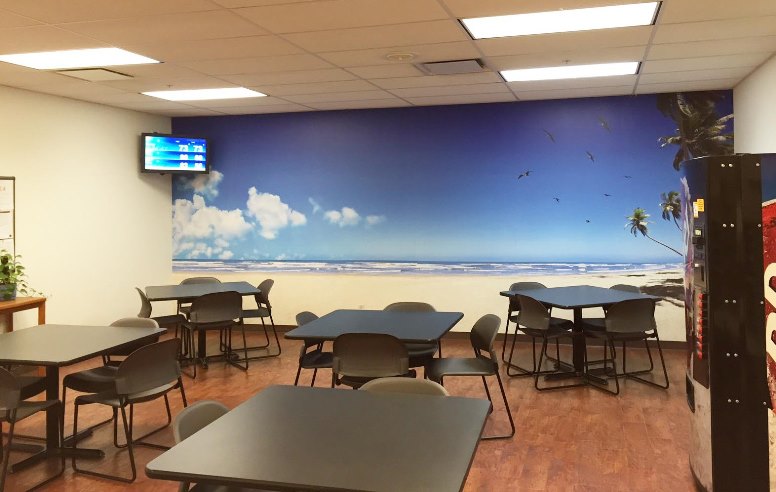 A vinyl wall mural graphic in a FASTSIGNS International, Inc. corporate office break room.