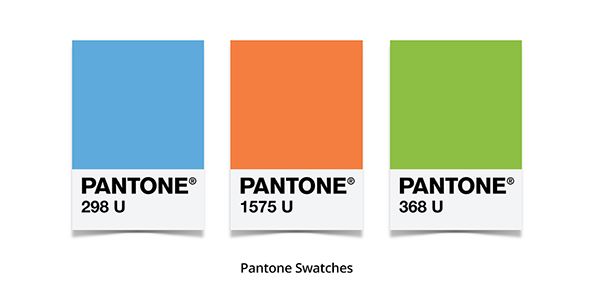 Blue, orange, and green Pantone swatchs side by side