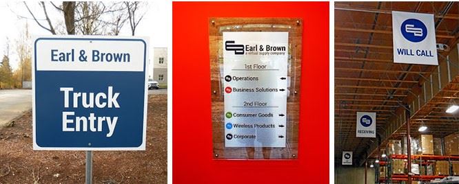 Branded indoor and outdoor wayfinding signs for Earl & Brown