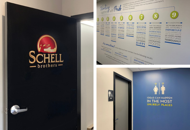 Schell Brothers use branded materials on their walls and doors to speak about their company culture