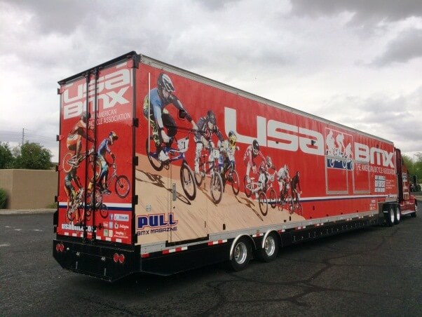18-wheeler tractor-trailer Wrapped with USA BMX brand messaging