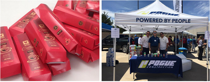 Coffee bags and pop-up tent with Pogue construction branding