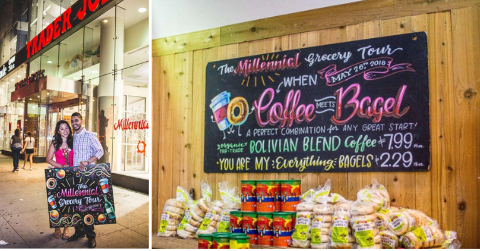 A couple gets engaged at a Trader Joe's grocery store