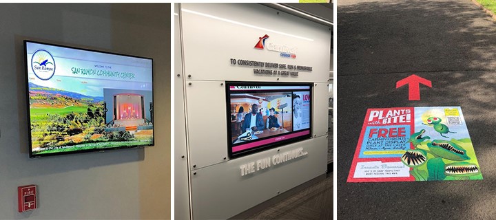 Businesses use digital signage and floor graphics to help visitors stay informed