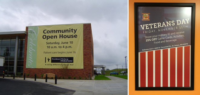 banner hanging outside of building and framed veterans day promotion banner