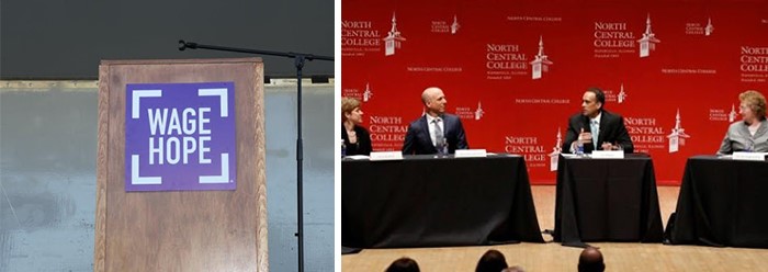 Event signage on a podium and behind a speaker's panel