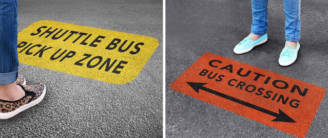 Graphics are printed on the floor to indicate that it is an unsafe standing spot