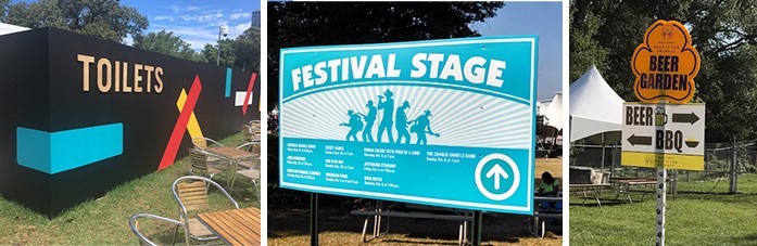 Signs and graphics indicate where to find the bathroom, stage, and food at outdoor events