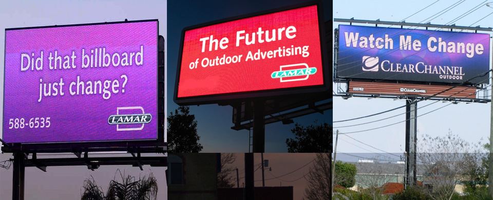 A collage of electronic billboards