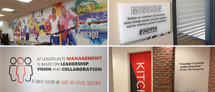 A collage of wall graphics and murals to encourage employees