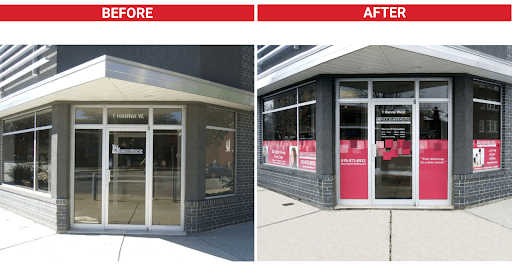 new brand colors on window graphics - before and after