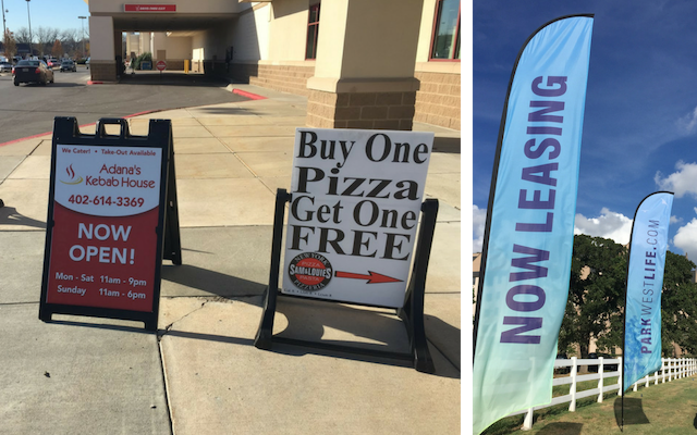 Companies use A-frame signs and flags to draw attention to their offerings