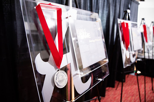 A school displays awards that they and students have received