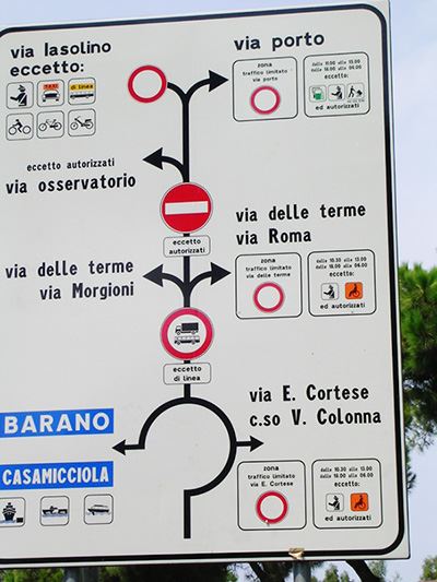 A street sign in Italy is full of text and confusing graphics