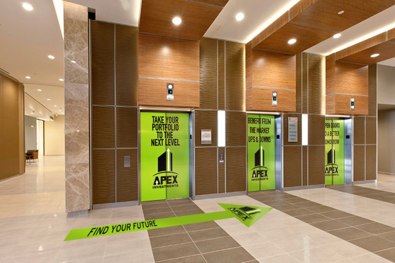 Elevators use graphics to advertise