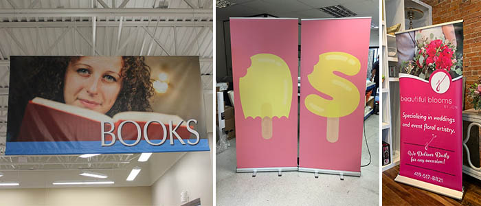 Various retail stores use banner stands to advertise products