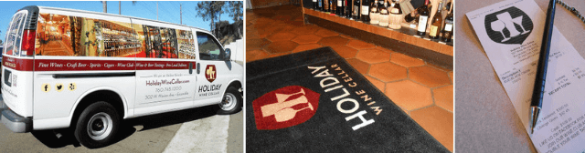 Vehicle wraps, mats, and a branded receipt for Holiday Wine Cellar