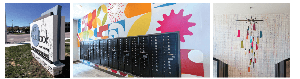 three images showing an outdoor sign, a colorful mailbox wall background, and a colorful ceiling piece