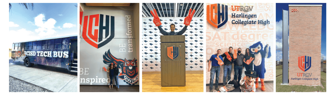 panel of images with school logo