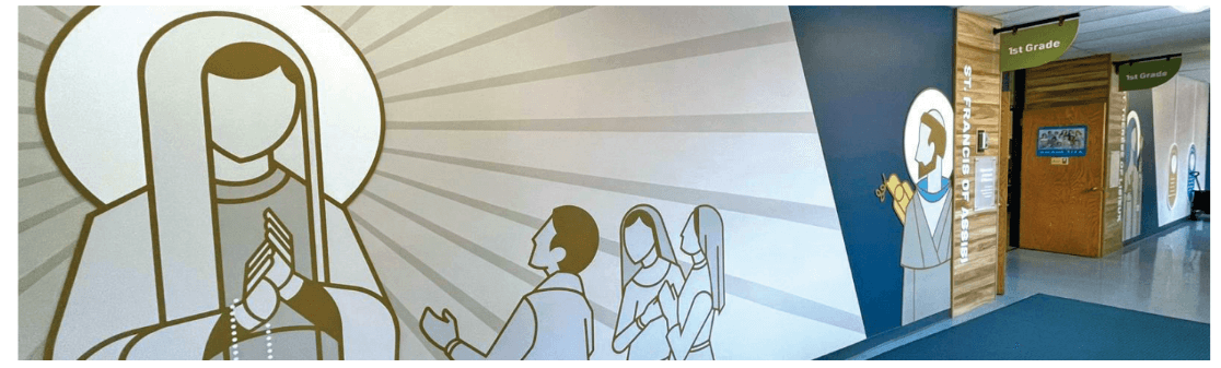 Blue, white, and gold mural of Biblical figures