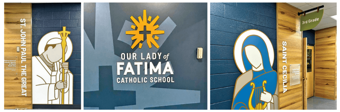 Navy blue mural on school wall