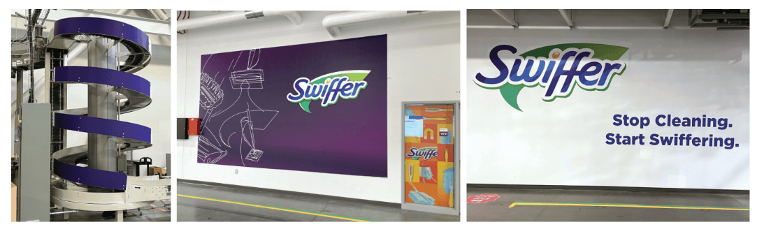 purple and white logos on walls