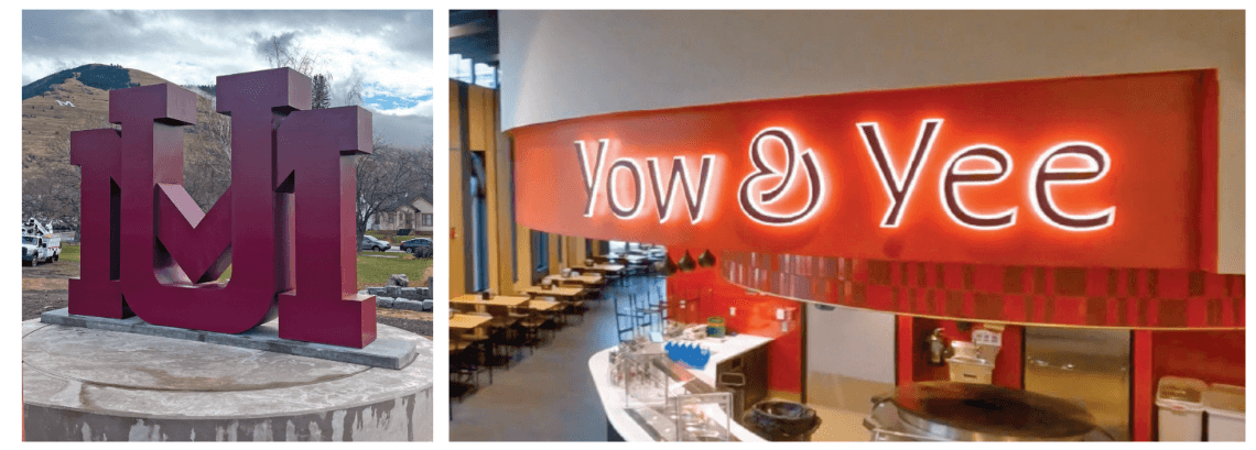 signage of school logo and restaurant