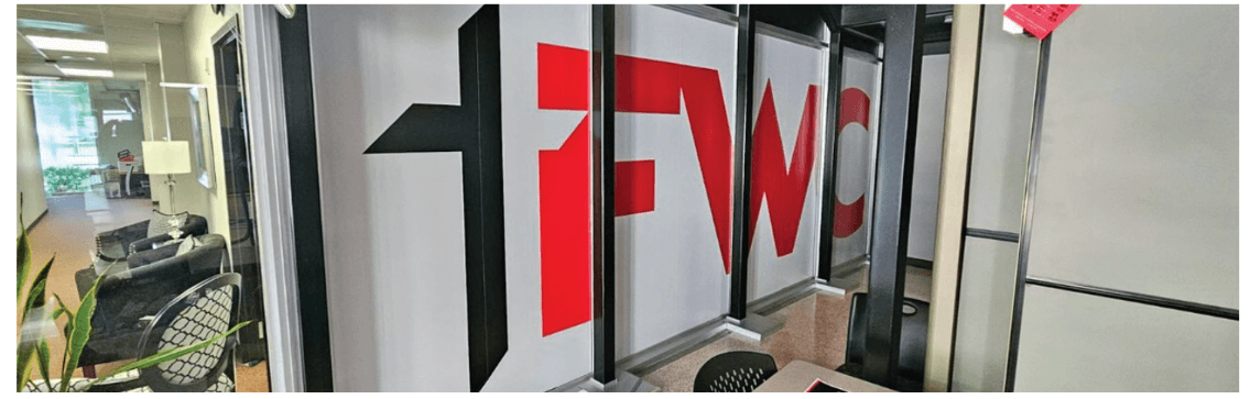 red and black lettering on windows