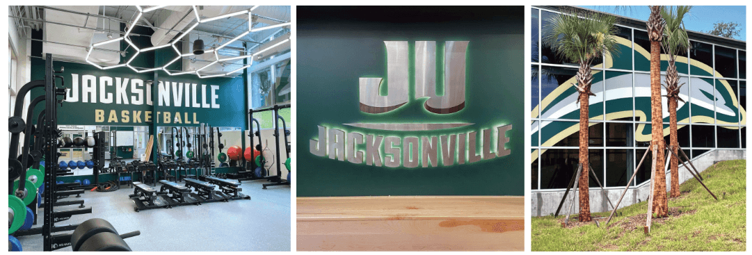 dark green signage on walls and windows