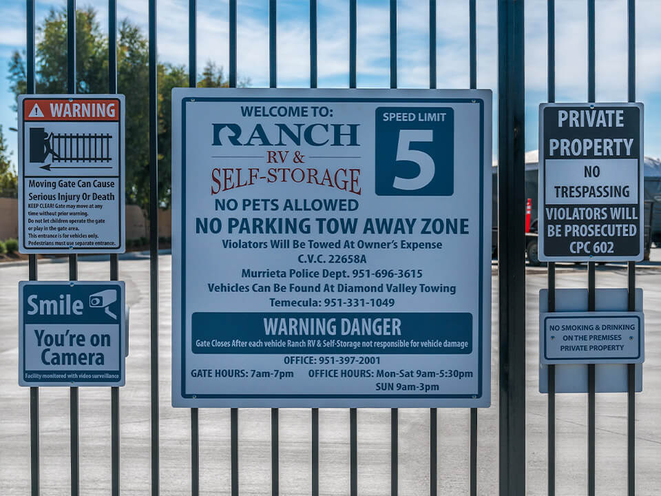 Ranch RV & Self-Storage gate signs