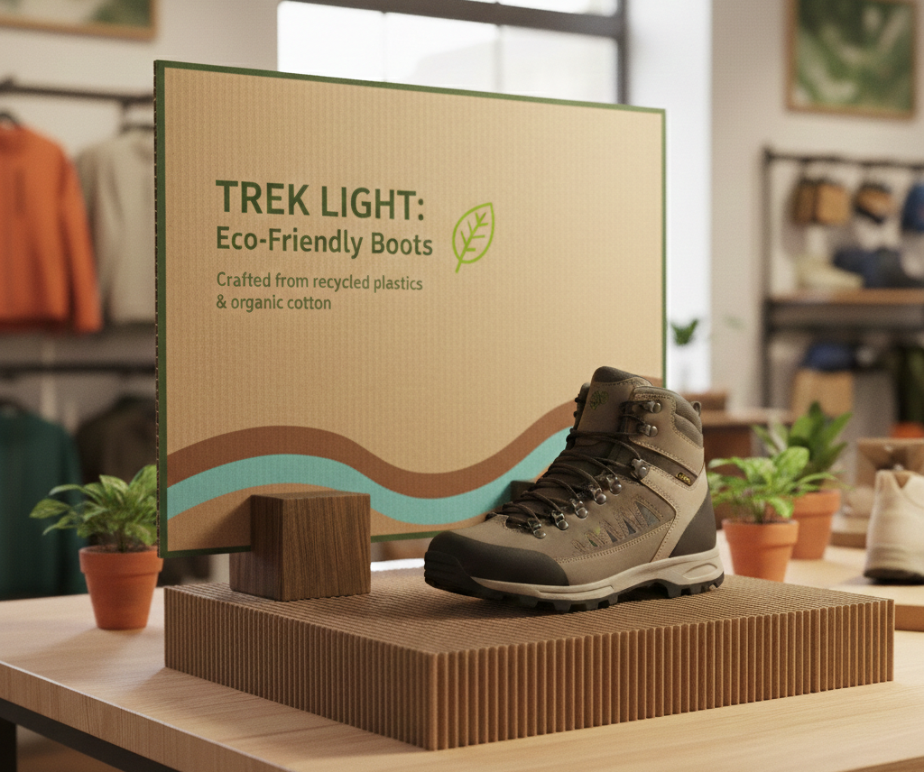 a sign that reads "trek light" on a shoe display