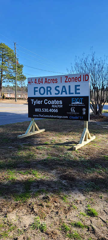 For sale signage with details on the side of the road 