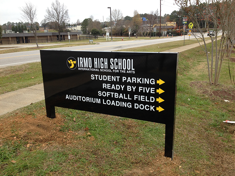 Irmo High school directory signage on the side of the footpath