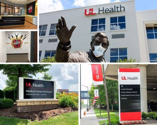 UOFL collage pic of exterior signage, wayfinding, custom decal