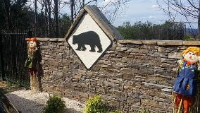 Bear signage on the brick fence