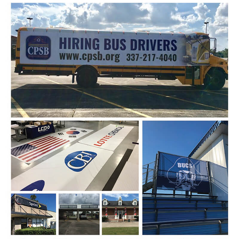 A different sample of custom banners on vehicle and buildings