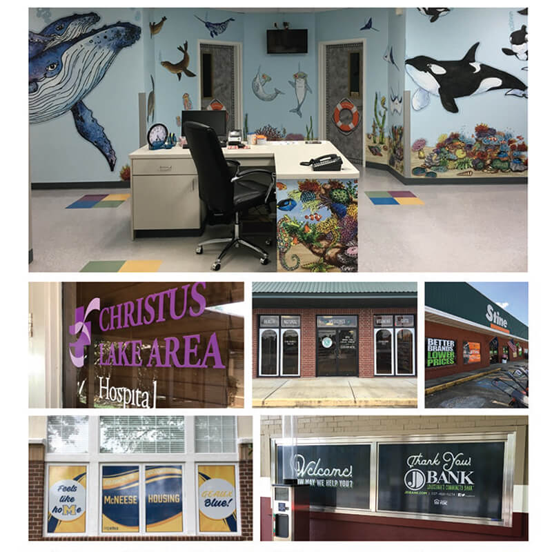 Different wall and window graphics on different buildings